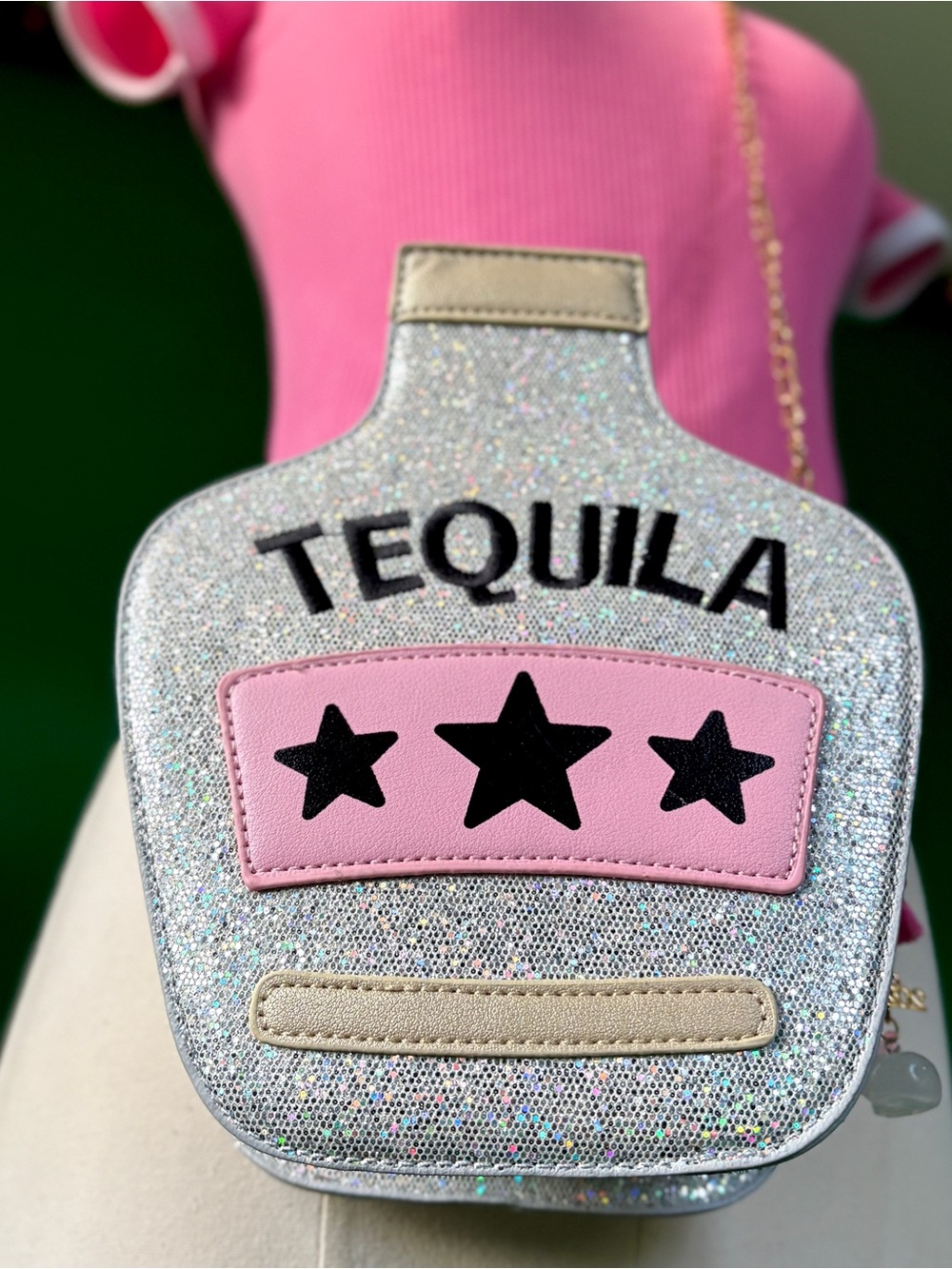Silver Glitter Tequila Bottle Purse Bag Gold Chain Embroidered Y2K Bag Charm Fun - Picture 4 of 11
